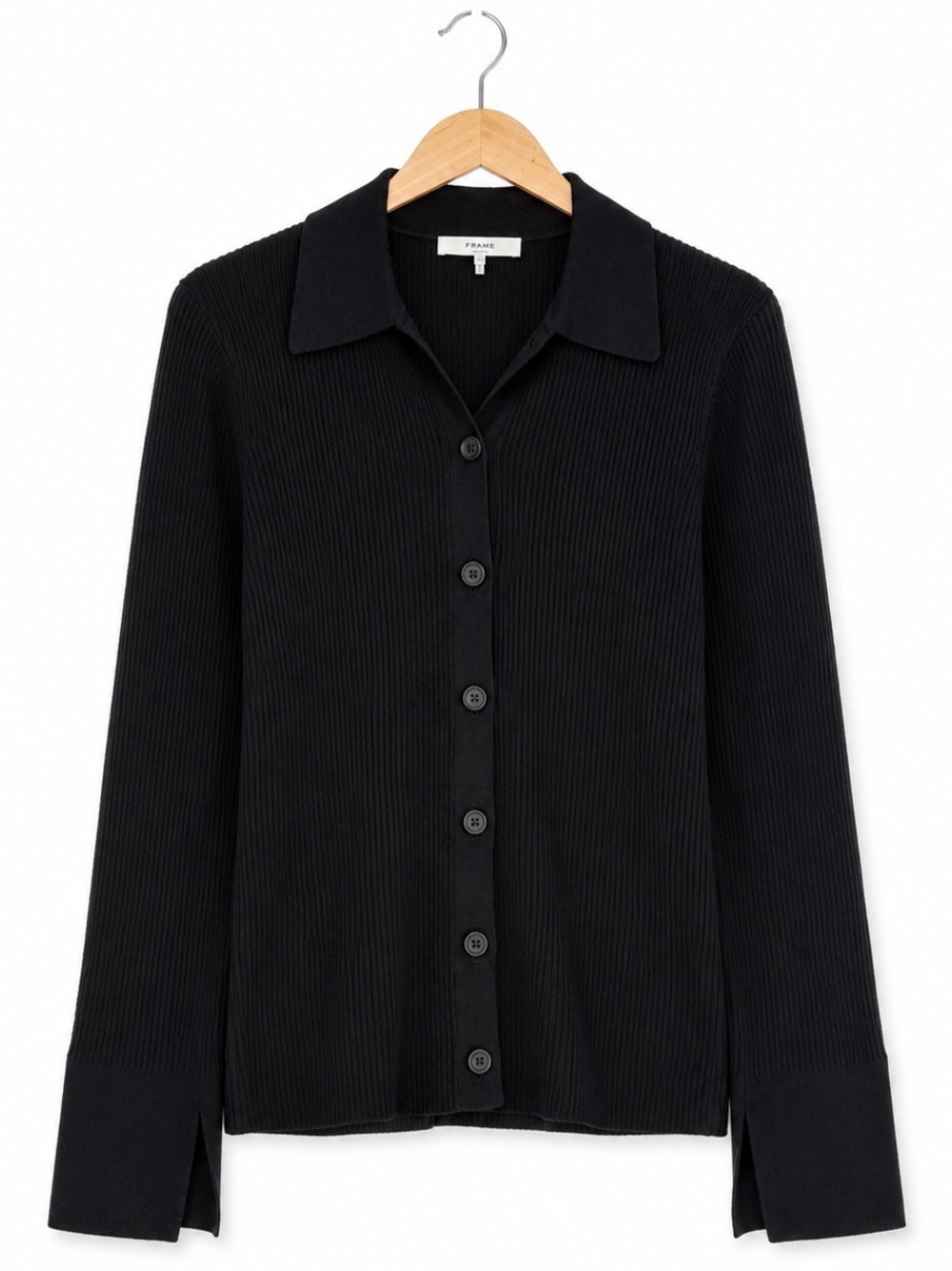 FRAME Black Rib Slim Cardigan Size Large Button Front $350 Retail